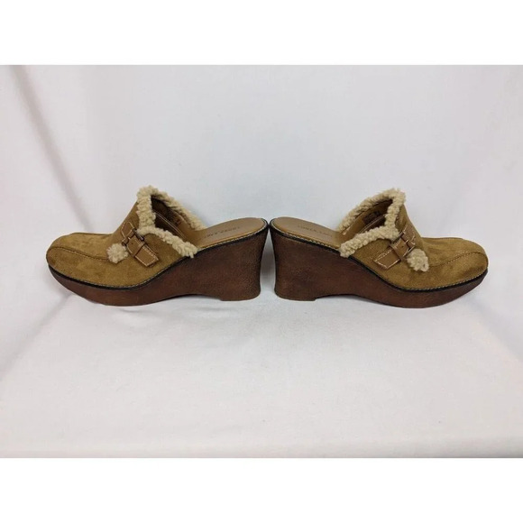 Vintage Y2K 90s Lower East Side 11 Tan Suede Wedge Mule Clog Sherpa Trim Chunky - Picture 6 of 11